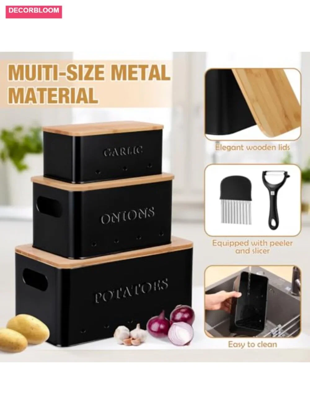 Metal Vegetable Storage Bins with Bamboo Handles Set of 3 Potato Onion Garlic